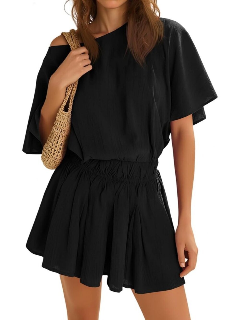 Women's Black Summer Dresses Short Batwing Sleeve Cinched Waist Mini Dress